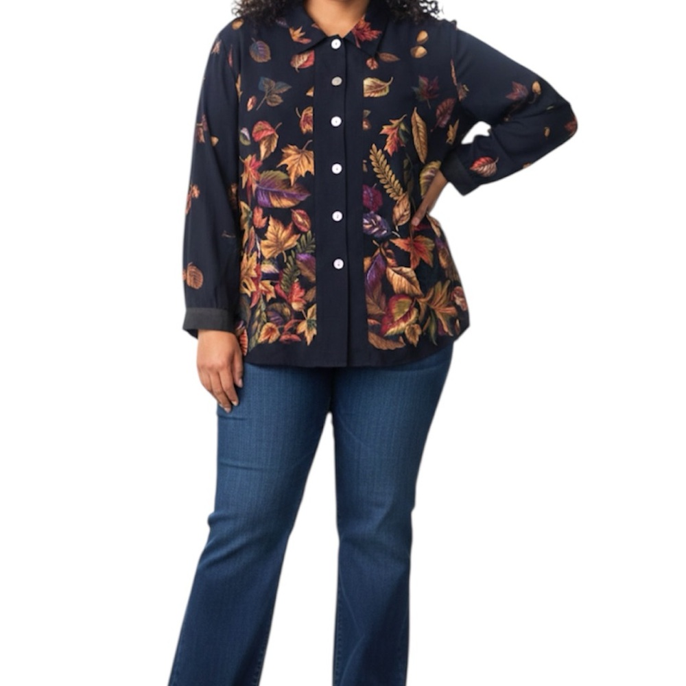 Kathie Lee Vintage Navy Blue Fall Leaves Long Sleeve Button Dow Blouse Size 8